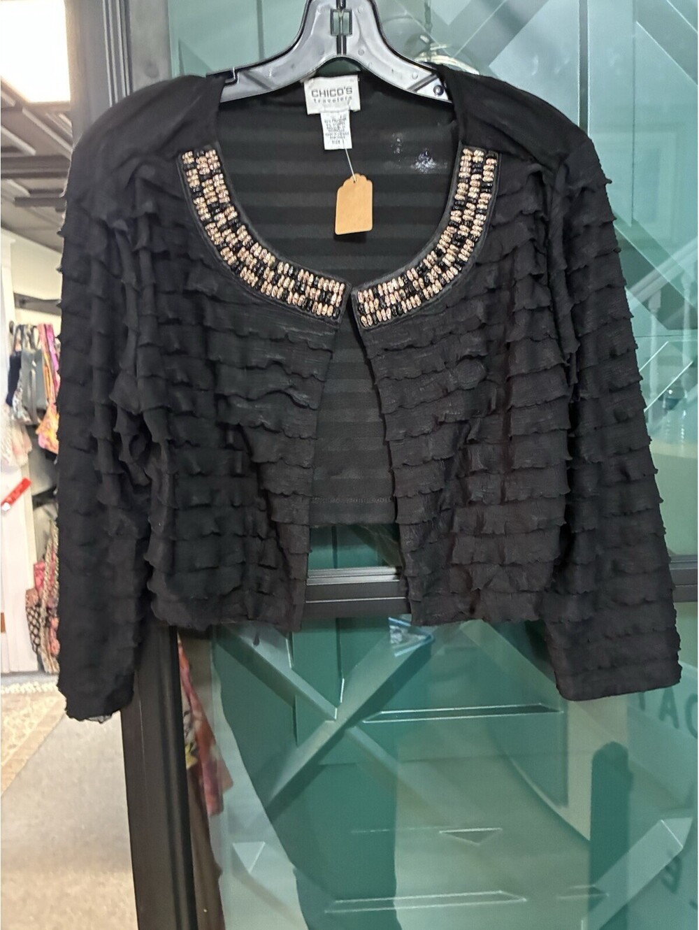 Chico’s Travelers Black Ruffled Open Front Bolero Beaded Jacket - Size 1